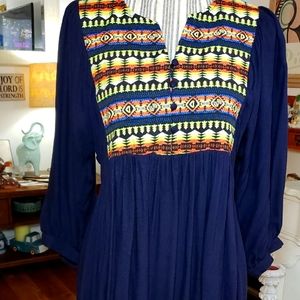 Umgee blue embroidered Aztec boho tunic dress size M